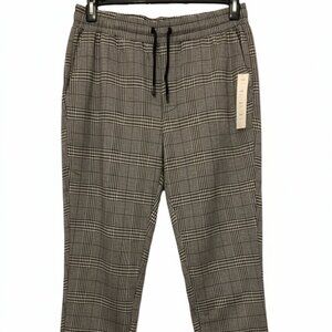 Gray Plaid Ladies Trousers with Elastic Waist & Slim Straight-Leg Fit